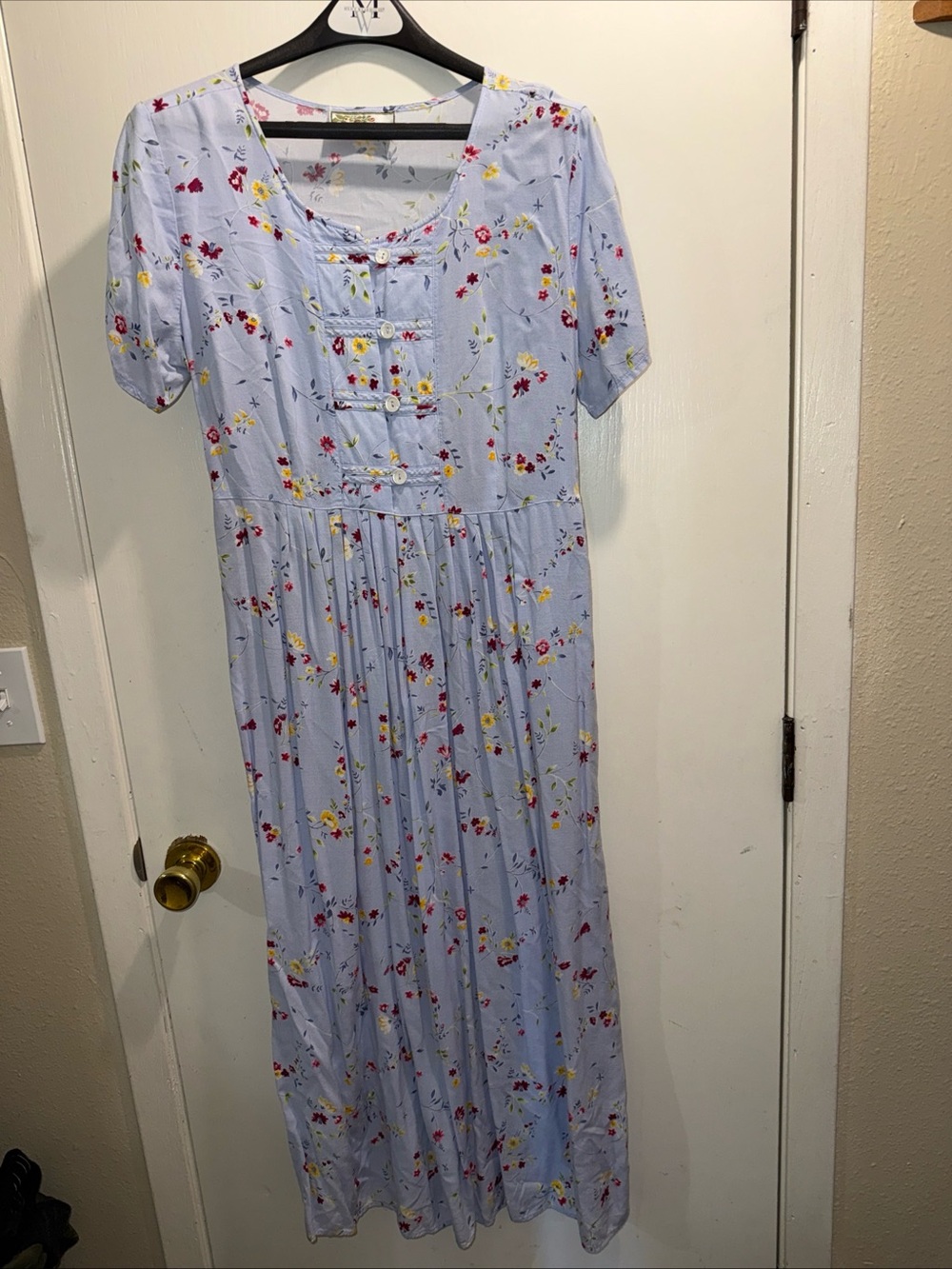 Vtg Cottagecore Sundress prairie Light Blue Floral Maxi Dress  medium